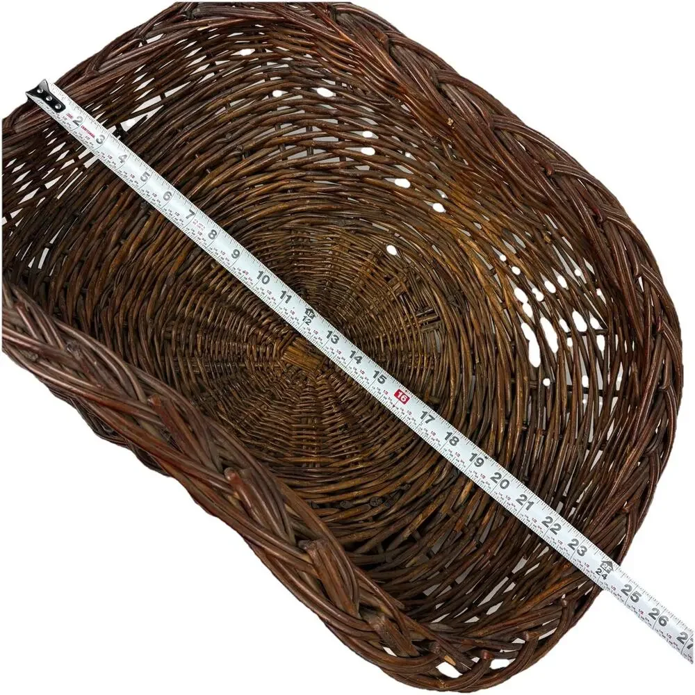 Large Rustic Wicker Harvest Basket Wood Base Fire Log Holder Blanket Storage